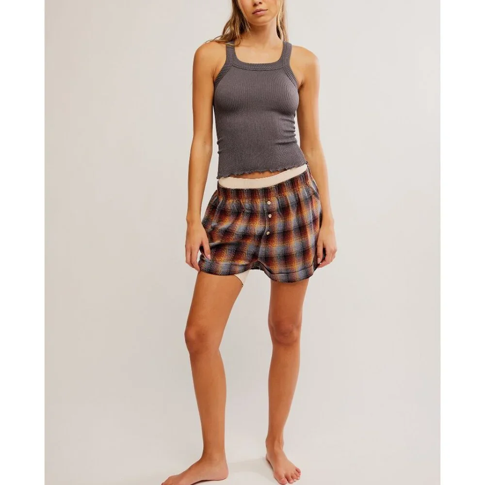 Free People Sz M Plaid Button-Front Lounge Shorts in Rust, Blue & Gray NWT